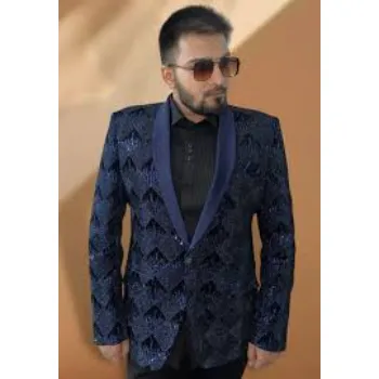 Embroidered Velvet Blazer in Navy Blue